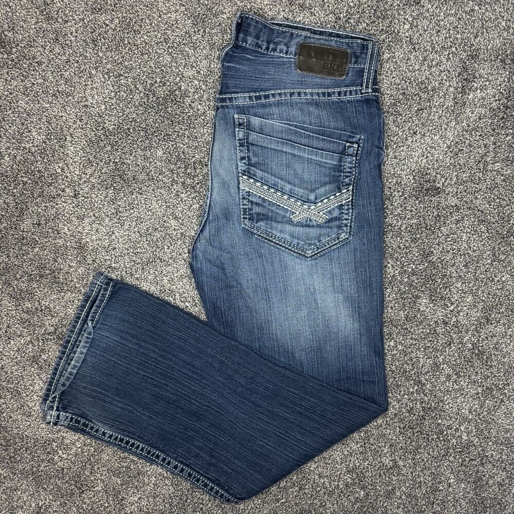 BKE Derek Jeans Mens 32S Relaxed Straight Stretch Medium Wash Buckle Distressed